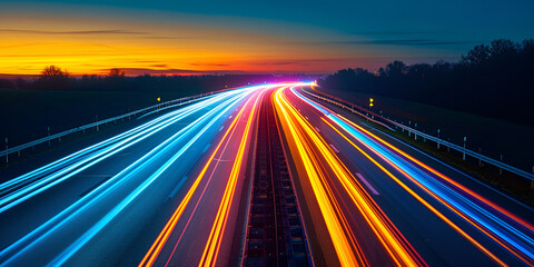Long exposure on the highway road during the night, orange and blue lines, generative ai