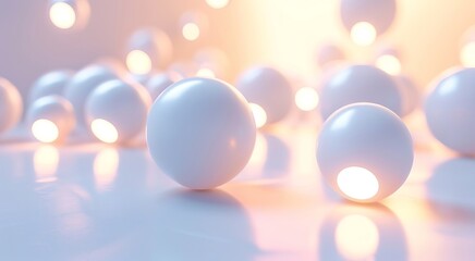 A photorealistic image of a large number of white, spherical objects scattered across a white, reflective floor