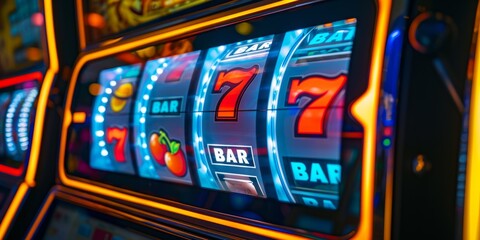Slot machine showing jackpot win with 777 numbers Generative AI