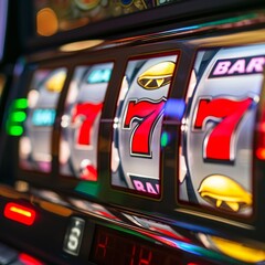Slot machine showing jackpot win with 777 numbers Generative AI
