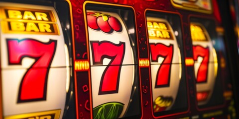 Slot machine showing jackpot win with 777 numbers Generative AI - obrazy, fototapety, plakaty