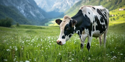 cow grazing in the meadow Generative AI - obrazy, fototapety, plakaty