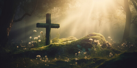 Blurred green forest backdrop with cross on a grave stone, Cross On A Field Of Flowers In The Light Of The Night Sky Background, A cross in a field with the sun shining on it



