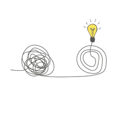 The way to solve a complex idea, mentoring. The concept of confusion turning into a light bulb. Untangle the curve. Understand the meaning. Doodle vector illustration
