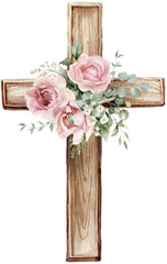 Watercolor floral cross with pink flower bouquet. Easter catholic religious symbol. Christian cross...