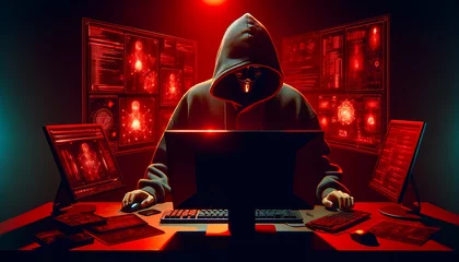 Rolgordijnen A Hacker with hood, Data protection and cyber security concept. Navigating the Digital Threat Landscape: Addressing the Surge in Cybercrime and Law Enforcement's Role. Red background © Aksaka