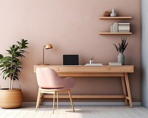 Mid-Century Modern Style Home Office Mockup, 3D Mockup Render, Interior Design