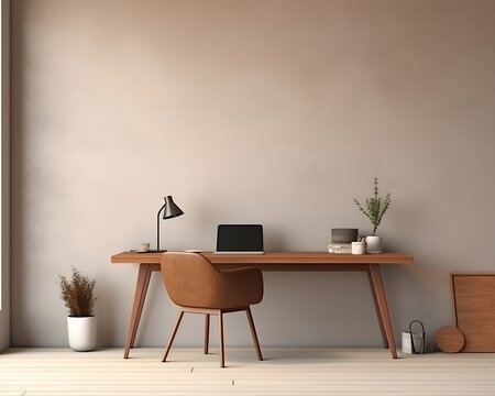 Mid-Century Modern Style Home Office Mockup, 3D Mockup Render, Interior Design
