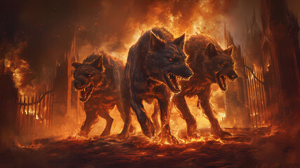 Hell Hounds Guarding the Fiery Gates of Hell - obrazy, fototapety, plakaty