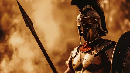 Fotobehang Roman Spartan Soldier in Full Armor Wielding a Spear © Artistic Visions