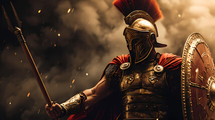 Fototapeta premium Roman Spartan Soldier in Full Armor Wielding a Spear