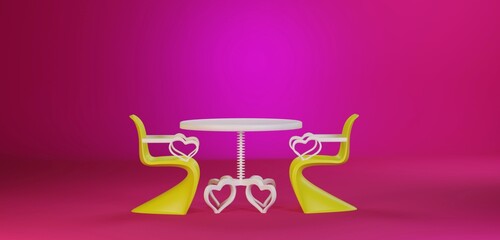 Lovely yellow and white furniture. Table and chairs with hearts, isolated on trendy fuchsia pink color background. Happy Valentines day in cafeteria. Free space for your text, 3D rendering