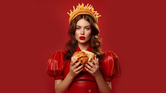 girl with brown hair, wearing a crown of french fries, eating a burger, red background