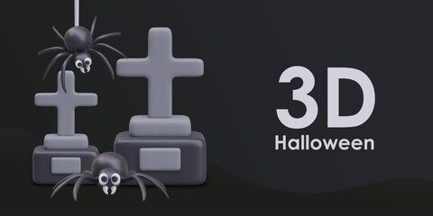 Scary composition with grave with cross monument, and spiders on black background. Concept of death. Vector illustration in 3d style with place for text