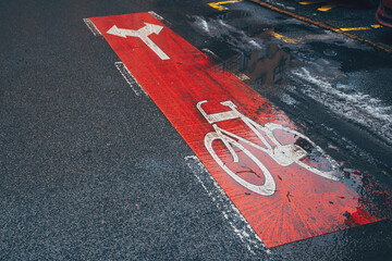 Bicycle lane with direction arrow signs on asphalt road on a rainy day