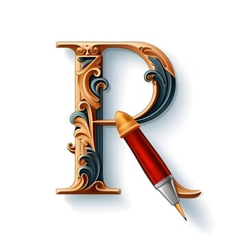 alphabet letter R carving style isolated on white background