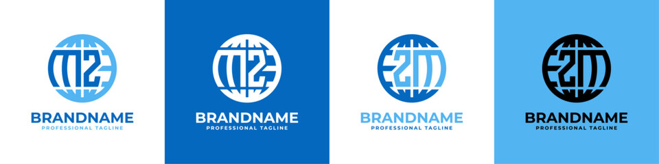 Letter MZ and ZM Globe Logo Set, suitable for any business with MZ or ZM initials.