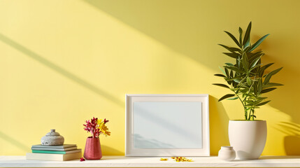 Brightly lit interior setup with a blank frame, colorful flowers, and green potted plant against a yellow wall