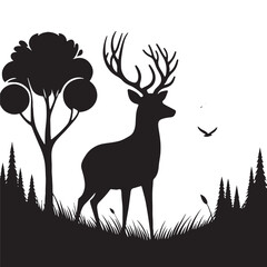 Ethereal Harmony of Woodlands: Deer Silhouette Ensemble Creating an Ethereal Harmony in the Heart of Nature's Woodlands - Reindeer Illustration - Stag Vector
