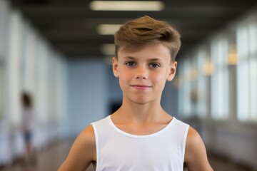 Portrait of a handsome kid male practicing ballet in a studio. With generative AI technology