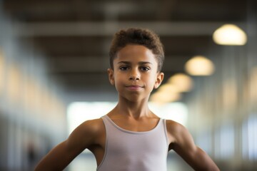 Portrait of a handsome kid male practicing ballet in a studio. With generative AI technology