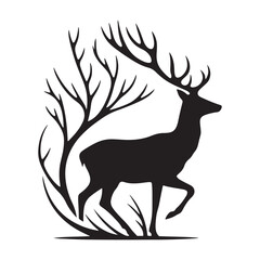 Radiant Nature Ballet: Deer Silhouette Set Performing a Radiant Ballet Amidst the Natural Splendor of Twilight - Reindeer Illustration - Stag Vector
