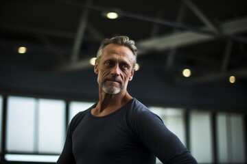 Portrait of an active mature man practicing ballet in a studio. With generative AI technology
