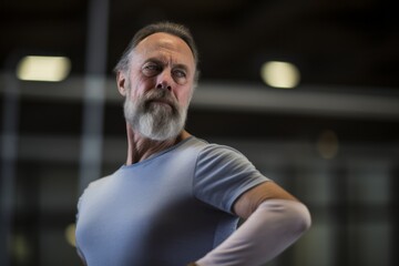 Portrait of a focused mature man practicing ballet in a studio. With generative AI technology