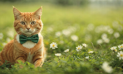 A ginger kitten in a green bow tie sits in the grass blurred background. Banner with cat for St. Patrick's Day with copy space.
