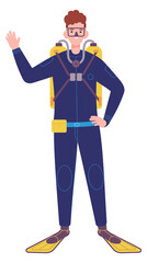 Smiling scuba diver character. Happy man standing