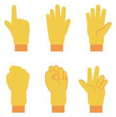 Yellow hand gestures set. Different fingers positions