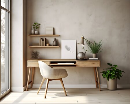 Scandinavian Style Home Office Mockup, 3D Mockup Render, Interior Design