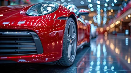 Fotobehang Shiny red sports car showcased in a modern showroom. © Tiz21