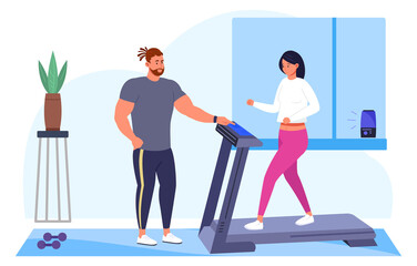 Obraz premium Woman running on treadmill with personal fitness couch