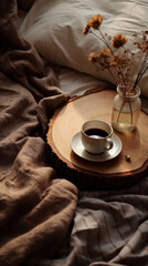 Cozy morning scene with a cup of coffee on a wooden slice, dried flowers, and warm blankets in soft light