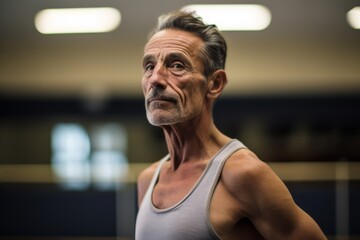 Portrait of an inspired mature man practicing ballet in a studio. With generative AI technology