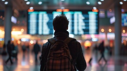 Fototapeta premium Rear view of man in international airport, checking flight at the flight information board, Tourist journey trip concept, generative ai