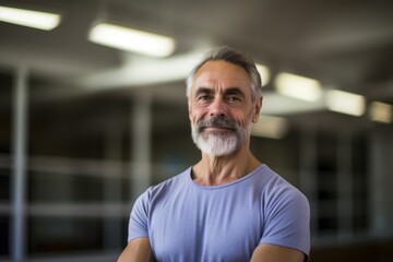Obraz premium Portrait of a relaxed mature man practicing ballet in a studio. With generative AI technology
