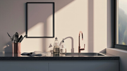 Stylish kitchen corner with a copper faucet and utensil holder, set against a backdrop of soft light and a framed blank canvas, with a mountain view