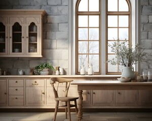 Tudor Style Kitchen Mockup, 3D Mockup Render, Interior Design - obrazy, fototapety, plakaty