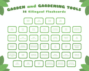 Garden and gardening tools bilingual colorful flashcard vector set. Printable garden and gardening tools flashcard for kids. English Indonesian language.