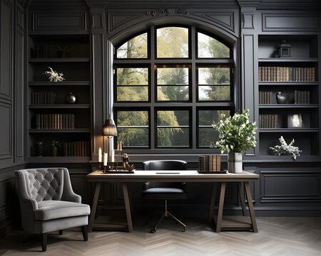 Tudor Style Home Office Mockup, 3D Mockup Render, Interior Design