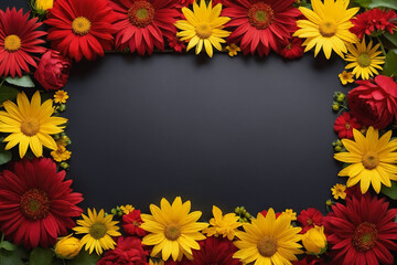 Fototapeta na wymiar Rectangular frame made of red and yellow flowers