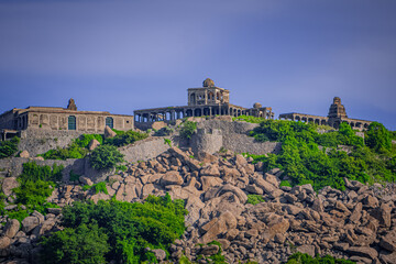Gingee Fort or Senji Fort in Tamil Nadu, India. It lies in Villupuram District, built by the kings of konar dynasty and maintained by Chola dynasty in 9th century AD. Archeological survey of india. - obrazy, fototapety, plakaty