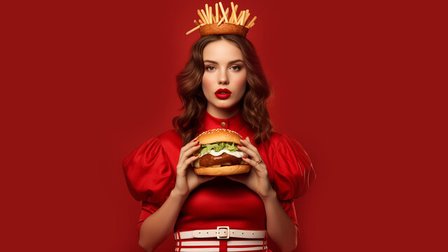 girl with brown hair, wearing a crown of french fries, eating a burger, red background