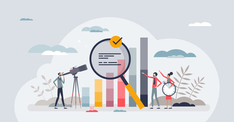 Competitor benchmarking tools for company evaluation tiny person concept. Quality, performance and market share analysis with other businesses vector illustration. Compare process and finance reports - obrazy, fototapety, plakaty