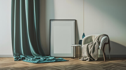 Elegant interior with teal curtains, a cozy chair with a throw, and an empty picture frame in a modern setup