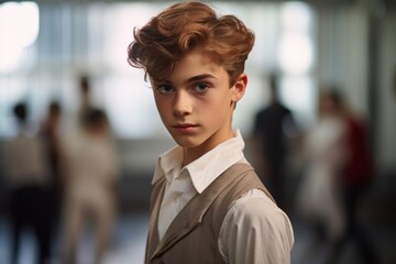 Portrait of a concentrated boy in his 20s practicing ballet in a studio. With generative AI technology