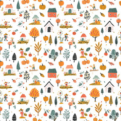 Harvest scenes seamless pattern. Gift wrapping, wallpaper, background. Thanksgiving