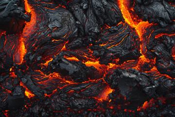 Abstract background of extinct lava of a volcano with red gaps. Flowing magma close-up.